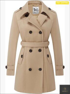 Classic Double Breasted Trench Coat Slim Fit Elegant Winter Pea Coat with Belt